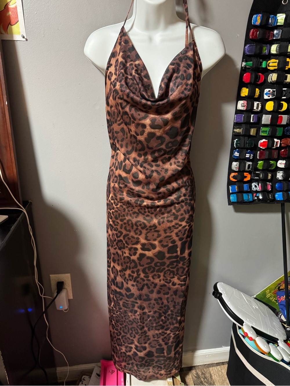 Source Unknown Brown Leopard Print Cowl Neck Maxi Dress